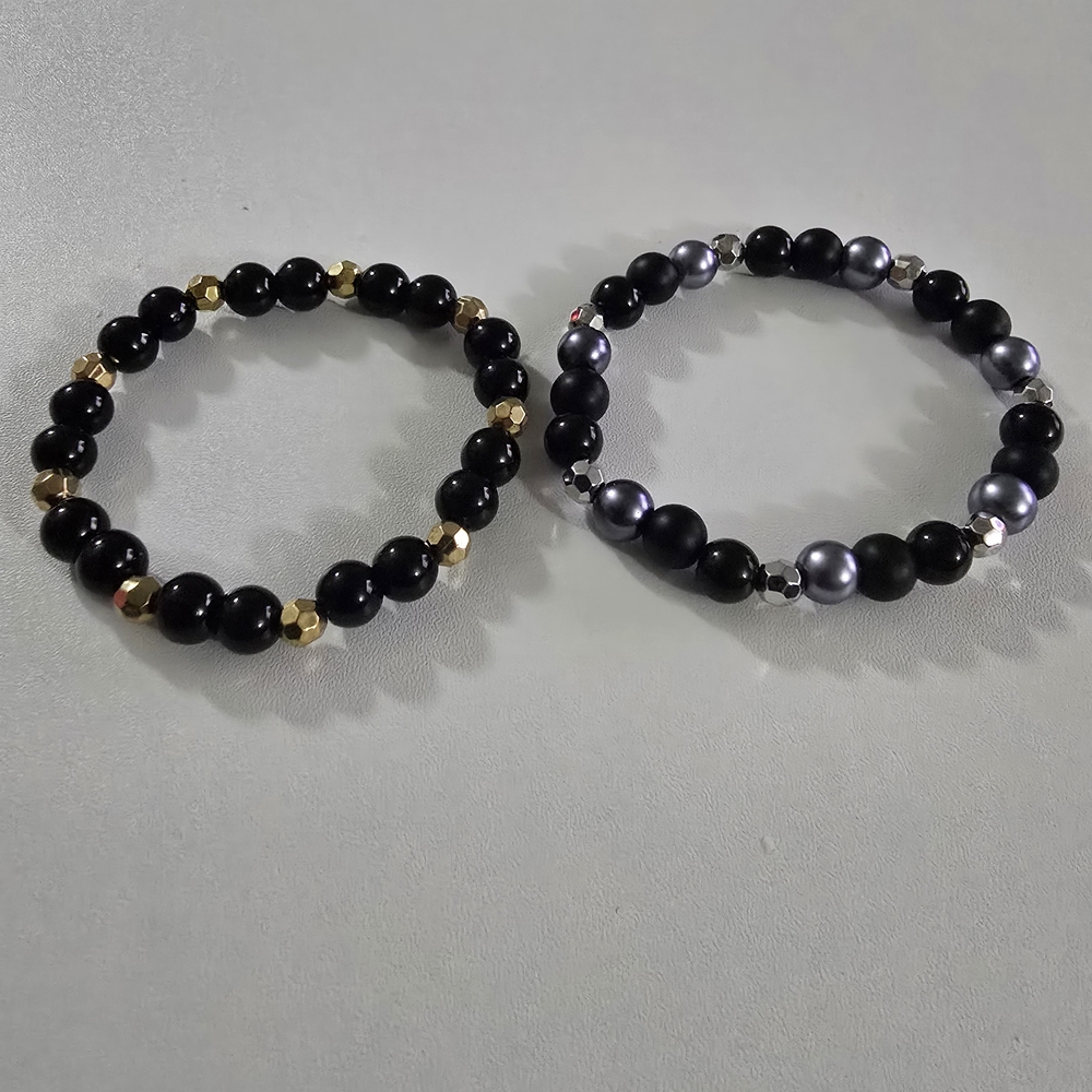 2 PC Set Elegant Black, Gold And Silver Beaded Bracelet Set